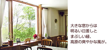 大きな窓からは
明るい日差しと
まぶしい緑、
高原の爽やかな風が。